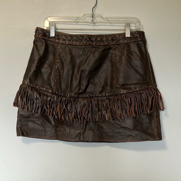 NWT Banana Republic Brown Leather Fringe Skirt - Picture 1 of 7